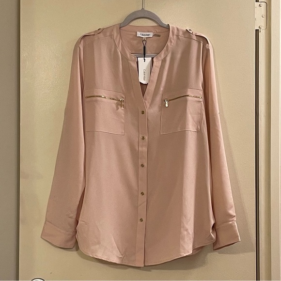 CALVIN KLEIN Long Sleeve Utility Blouse in Coral - Picture 2 of 6